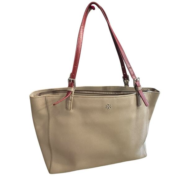 TORY BURCH York Tan Leather Tote Bag with Red handles - Picture 1 of 15